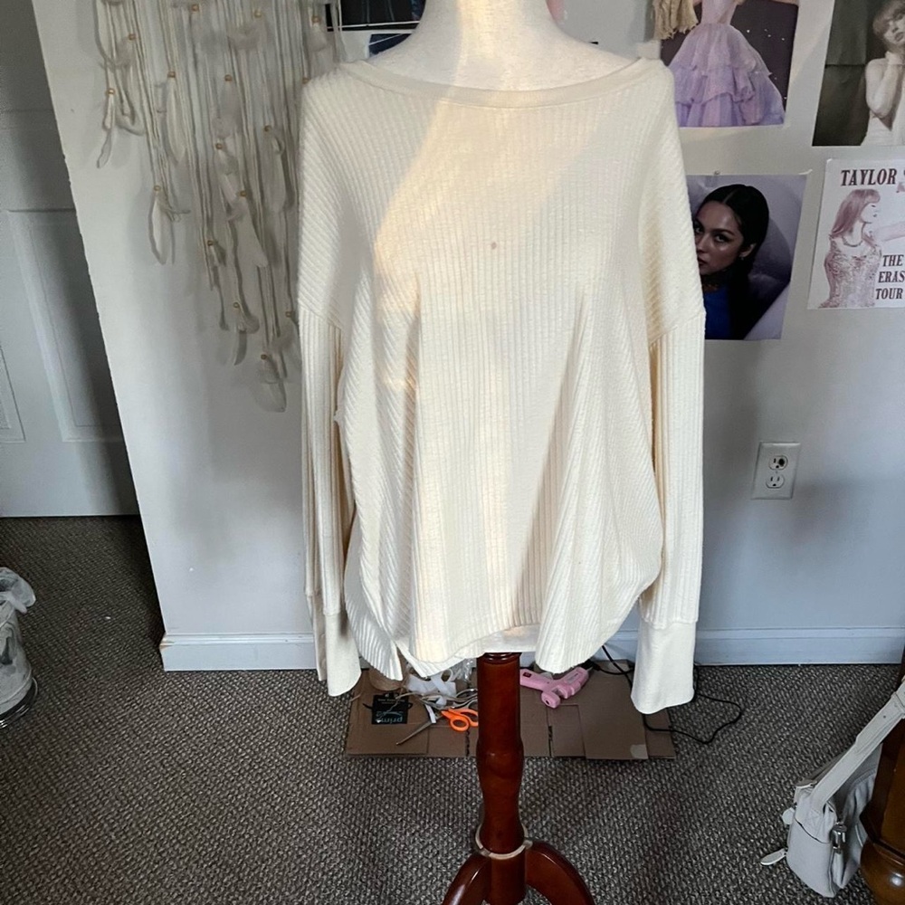 Cream Ribbed Long Sleeve Top